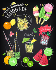 Set of hand drawn stickers and icons of summer food and drink. Vector illustrations for beach restaurant and bar menu, vacation and party. Ice cream. Sketch on chalkboard