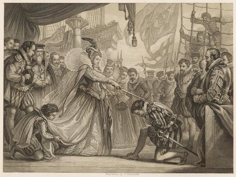  Francis Drake knighted in Deptford by Queen Elizabeth I.. Date: 4th April 1581