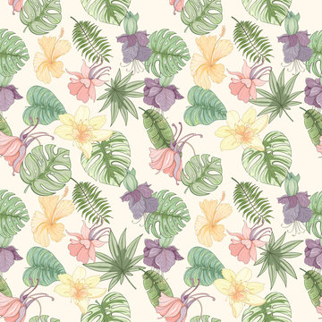 Seamless tropical palm leaves and flowers pattern