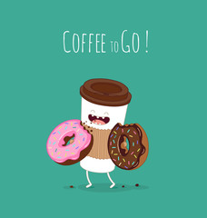 Cartoon comic coffee cup and donut. Take coffee and donut with you. Vector cartoon illustration. Coffee to go. - 162253035