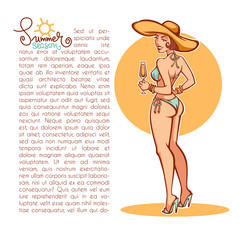 Summer season, cartoon vector girl in large hat