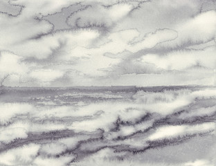 poranna mgła nad morzem czarne białe tło akwarela - 162253294