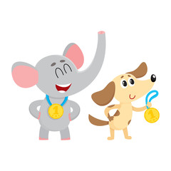 Obraz na płótnie Canvas Cute elephant and dog, puppy characters, champions with golden winner medals, cartoon vector illustration isolated on white background. Baby elephant and dog champions who win first place medals