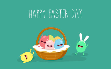 Waving Gray Bunny With Easter Eggs And Basket. Raster Illustration.Vector version also available in portfolio.