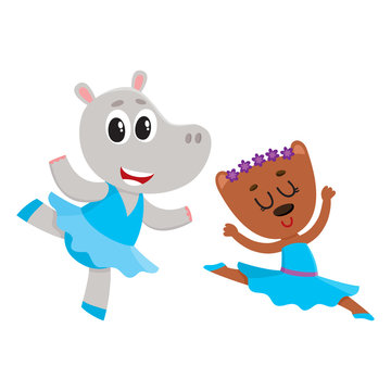 Cute little hippo and bear puppy and kitten characters dancing ballet together, cartoon vector illustration isolated on white background. Little bear and hippo ballet dancers, ballerinas