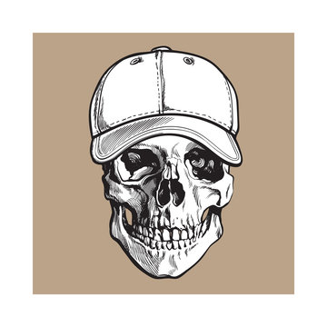 Hand drawn human skull wearing black and white unlabelled baseball cap, sketch vector illustration isolated on brown background. Realistic hand drawing of skull wearing baseball cap