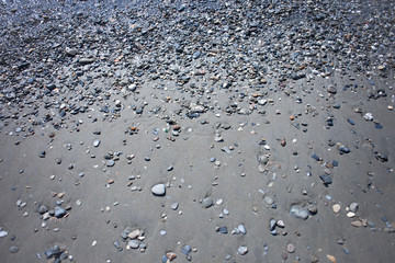 a lot of pebbles on sandy beach