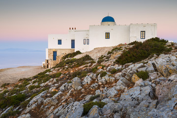 Church of Agios Symeon above Kamares village at sunset.
