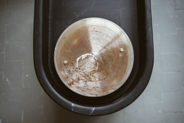 Close up top view of empty potter wheel in pottery studio;