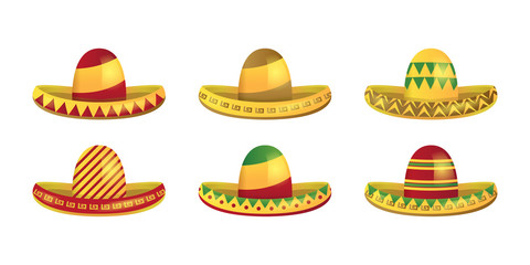 Vector set of isolated cartoon mexican sombrero hats for decoration. Concept of Happy Cinco De Mayo.