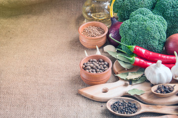 Chile pepper, garlic, onions, broccoli, coriander, cloves, olive oil