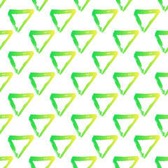 Vector seamless pattern with brush triangles Yellow green gradient color on white background. Hand painted grange texture. Ink geometric elements. Fashion modern style. Endless fabric print.