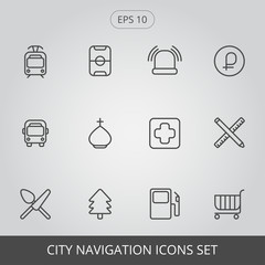 City navigation icons set. Tram, Bus, food, stadium, church, park, police, medical, fuel, modey, rub, school, shop. Vector outline collection.