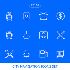 City navigation icons set. Tram, Bus, food, stadium, church, park, police, medical, fuel, modey, rub, school, shop. Vector outline collection.