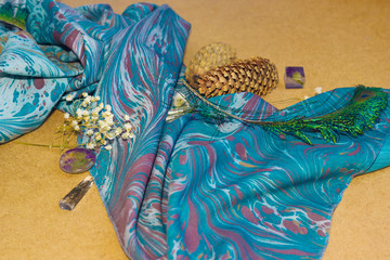 Ebru cloth with epoxy resin crystals and dry flowers abd peacock feathers