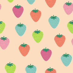 Seamless pattern with juicy strawberries on black background. Cute vector background. Bright summer fruits illustration. Fruit mix design for fabric and decor.Funny wallpaper for textile and fabric.