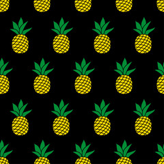 Fototapeta premium Seamless pattern with pineapples on black background. Cute vector background. Bright summer fruits illustration. Fruit mix design for fabric and decor.Funny wallpaper for textile and fabric.
