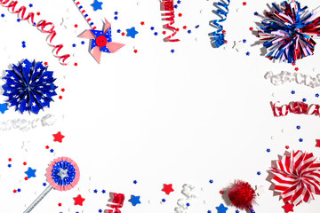 USA holiday decorations on a white background flat lay