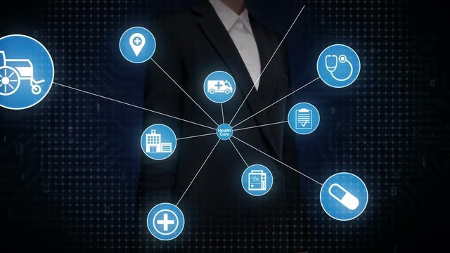 Businesswoman touching screen, Various Health care technology icon connect global world map, dots makes world map. internet of things.2.