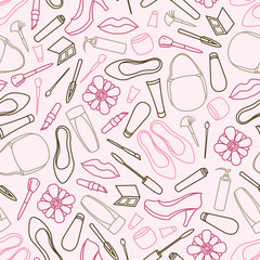 Seamless pattern with female objects. Cosmetics, shoes, bags, flowers. Mascara, eye pencil, lipstick, cream, tube, shadows, brushes. Vector illustration.