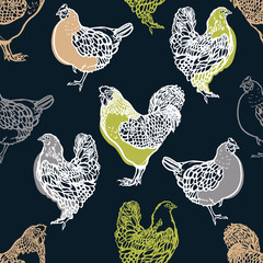 Seamless pattern with cocks and chicken. Poultry. Farming. Livestock raising. Hand drawn. Vector illustration.