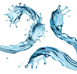 3d render, digital illustration, blue water wave, jets, liquid splash isolated on white