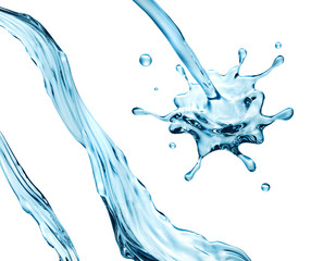 3d render, digital illustration, blue water wave, jets, liquid splash isolated on white