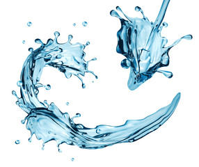 3d render, digital illustration, blue water wave, jets, liquid splash isolated on white
