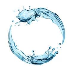 Foto auf Acrylglas Wasser 3D-Rendering, digitale Illustration, blaue Welle, Wasserspritzer runder Rahmen, Aqua, klare Flüssigkeitsspritzer isoliert auf weißem Hintergrund