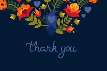 Greeting card with flowers and birds ravens. Text: "Thank you". Bright images on a dark background. Vector illustration.