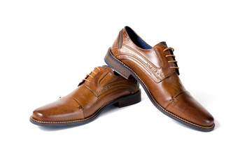 Male Brown Classic Shoe on White Background, Isolated Product, Top View, Studio.