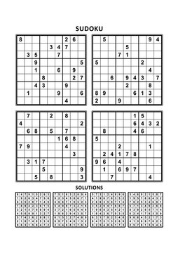 Four sudoku puzzles of comfortable (easy, yet not very easy) level, on A4 or Letter sized page with margins, suitable for large print books, answers included. Set 4.
