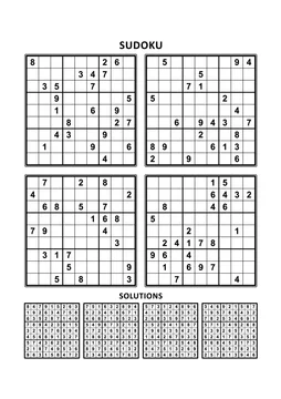 four sudoku puzzles of comfortable easy yet not very easy level on a4 or letter sized page with margins suitable for large print books answers included set 4 stock vector adobe stock