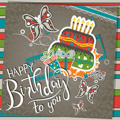 Template birthday greeting card with cake and text, vector