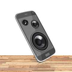 Fototapeta premium Musical smartphone Mobile phone music app Cellphone and loudspeakers on wood floor white background with reflection 3d