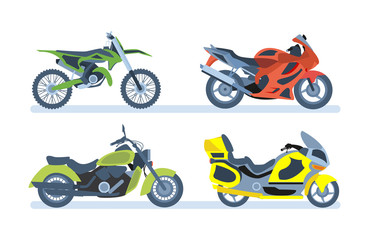 Ground vehicles. Different types of motorcycles: sports, tourist, classic, off-road.
