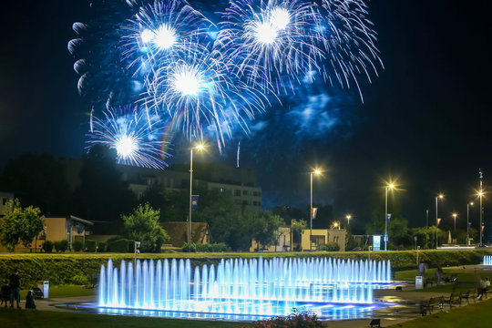 Brightly colorful fireworks above the city water fountains during the International fireworks festival in Zagreb, Croatia.