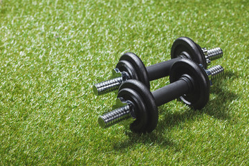 close up of two black iron dumbbells on green meadow