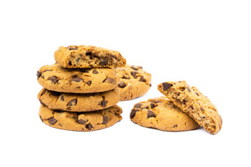 Cookies with chocolate pieces isolated on white background