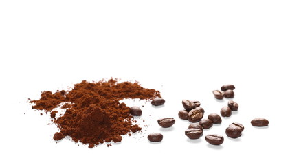 Pile of powdered, instant coffee and beans isolated on white background