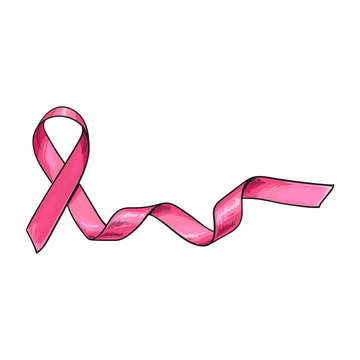 Pink Satin Ribbon, Breast Cancer Awareness Symbol, Sketch Vector Illustration Isolated On White Background. Hand Drawn Pink Ribbon, Breast Cancer Awareness Sign With One End Longer Than The Other