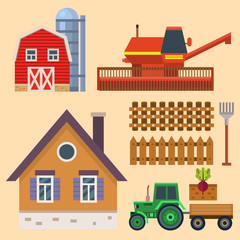 Vector farm harvesting equipment for agriculture and horticulture tractor harvester tools