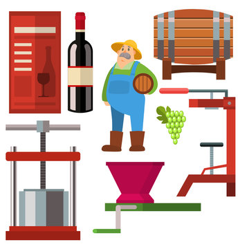 Winery making harvest cellar vineyard glass beverage industry alcohol production vector illustration