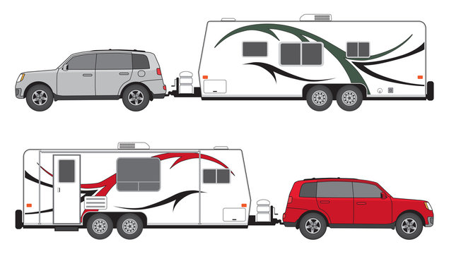Camp trailer and SUV in two different color schemes
