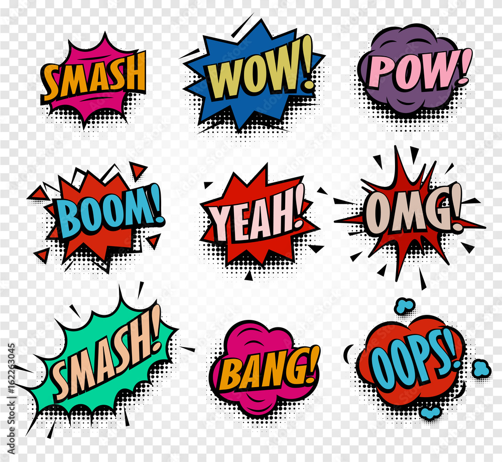 Aufkleber Isolated abstract colorful comics speech balloons icons collection on checkered background, dialog boxes with popular expressions set,pop art dialog frames vector illustration.