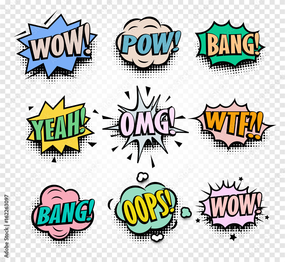 Aufkleber Isolated abstract colorful comics speech balloons icons collection on checkered background, dialog boxes with popular expressions set,pop art dialog frames vector illustration.