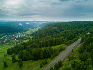 Aerial view of the Russian countryside in rainy weather