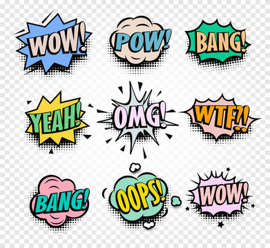 Isolated abstract colorful comics speech balloons icons collection on checkered background, dialog boxes with popular expressions set,pop art dialog frames vector illustration.