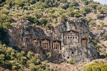 Fototapeta na wymiar Famous Lycian Tombs of ancient Caunos city, Dalyan, Turkey