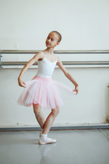 Cute little ballerina in pink ballet costume and pointe shoes is dancing in the room. Kid in dance class. Child girl is studying ballet. Copy space.